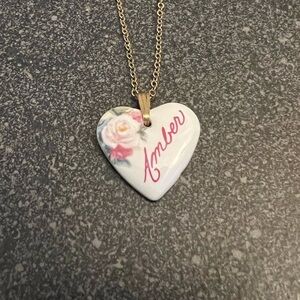 Heart Pendant Necklace with Amber and Floral Design